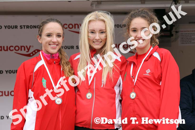 Aldershot Farnham and District, from left to right: Emelia Gorecka, Amy Griffiths and Grace Barker winners of the junior women National Cross Country Relays, Berry Hill Park, Mansfield. Photo: David T. Hewitson/Sports for All Pics
